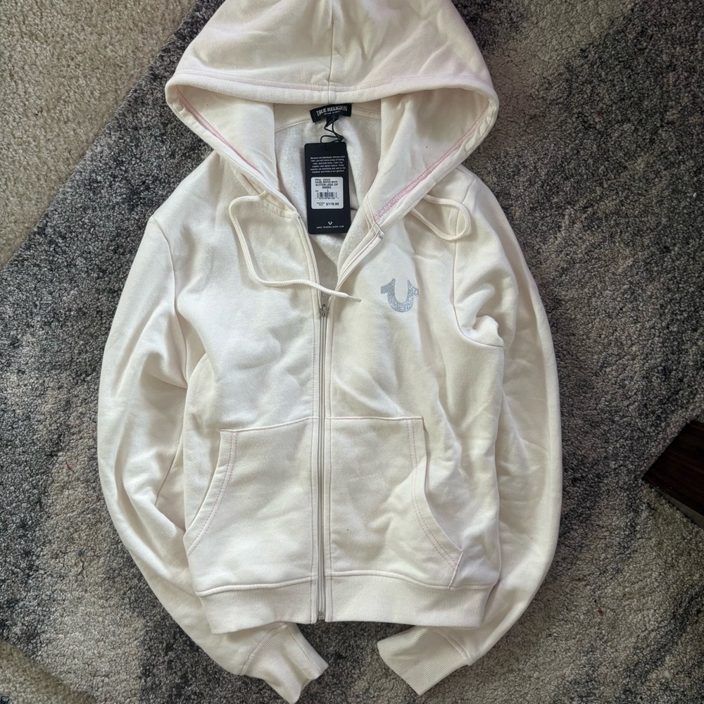 True Religion Cream Zip-Up Hoodie with Logo